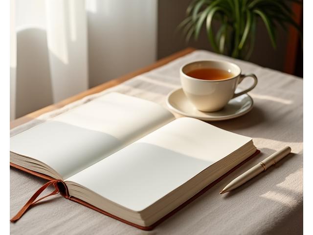 An organized, clutter-free desk with a journal and a cup of herbal tea, representing mindfulness and focus.