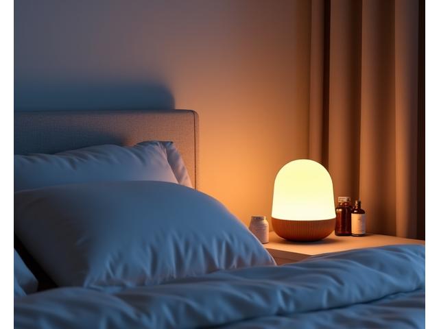 Serene bedroom scene with soft lighting, a comfortable pillow, and a natural sleep aid beside the bed.