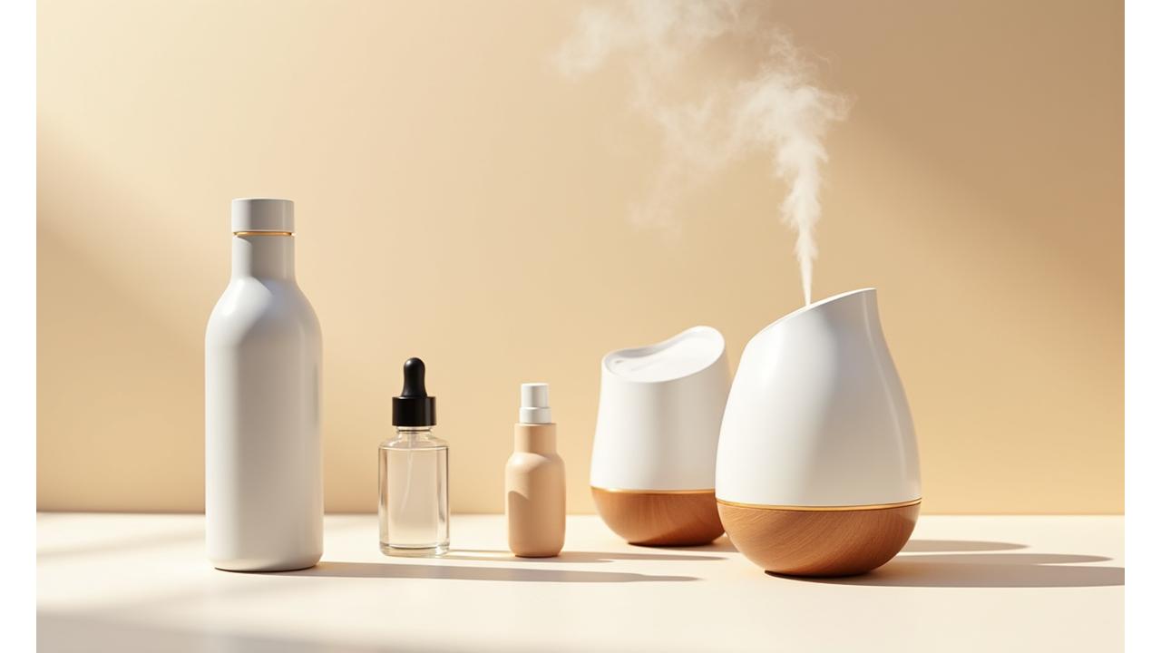 A selection of thoughtfully arranged wellness products like a smart water bottle, a small resistance band, and a high-quality essential oil diffuser on a clean, light surface, emanating a serene, trustworthy vibe.