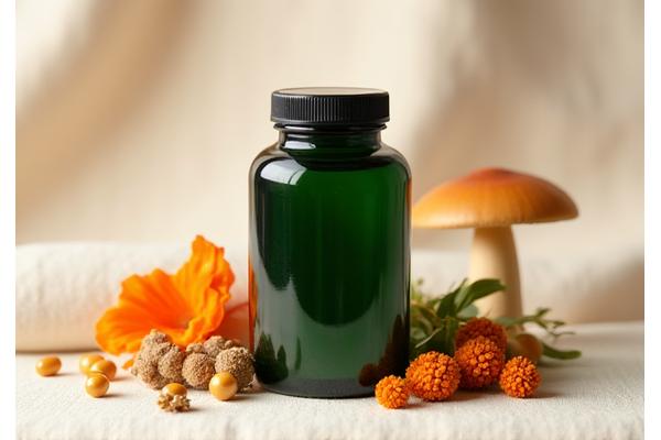 A sleek bottle of adaptogen blend capsules with natural botanicals in the background.