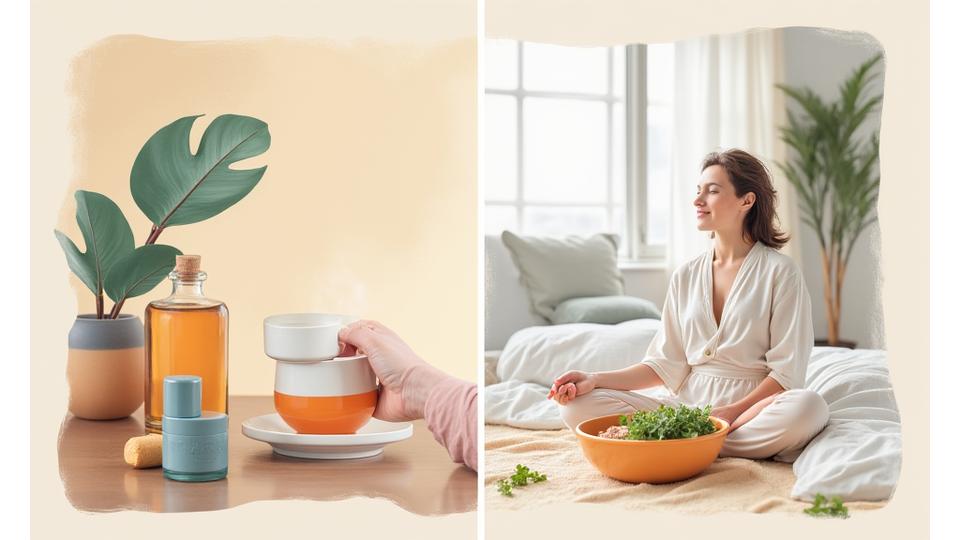 Diverse images illustrating elements of a holistic sleep program: a calm bedroom, a person meditating, a healthy meal, and someone exercising.